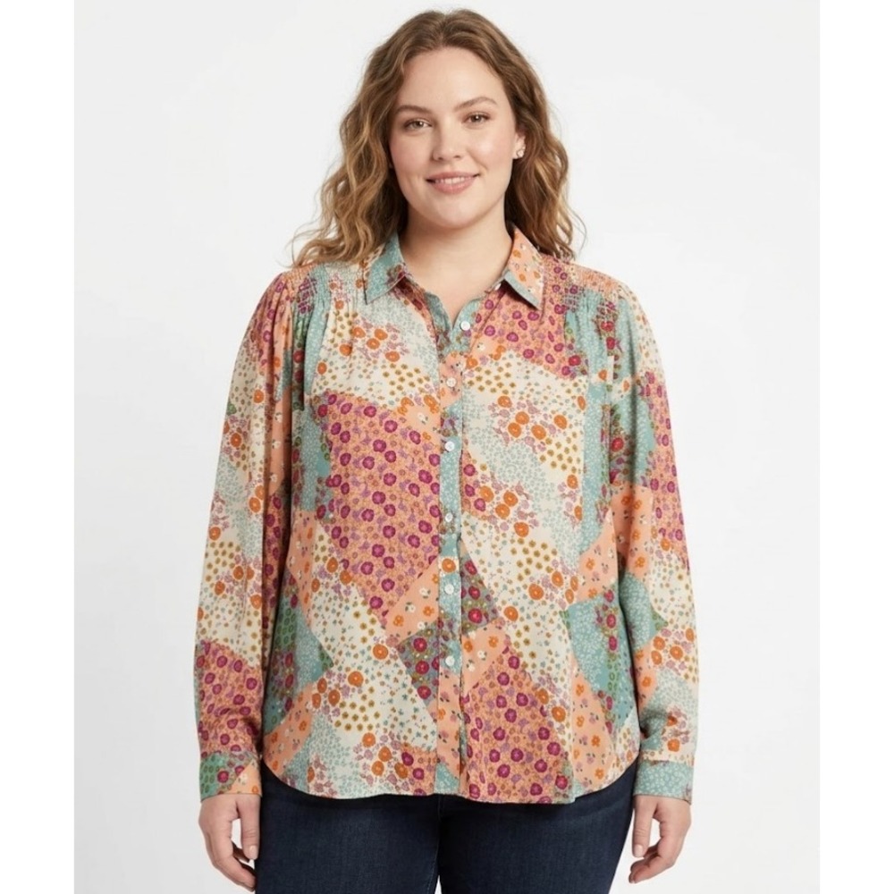 Rose & Olive Multi Color Ditsy Floral Patchwork‎ Print Boho Button Down Large